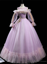 Light Purple Tulle Long Sleeve Appliques Pleats Feather Quinceanera Dress